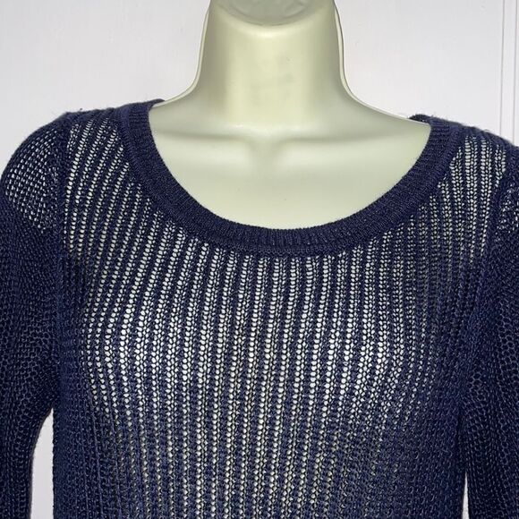 Talbots navy blue loose weave long sweater with 3/4 sleeves - Picture 2 of 8